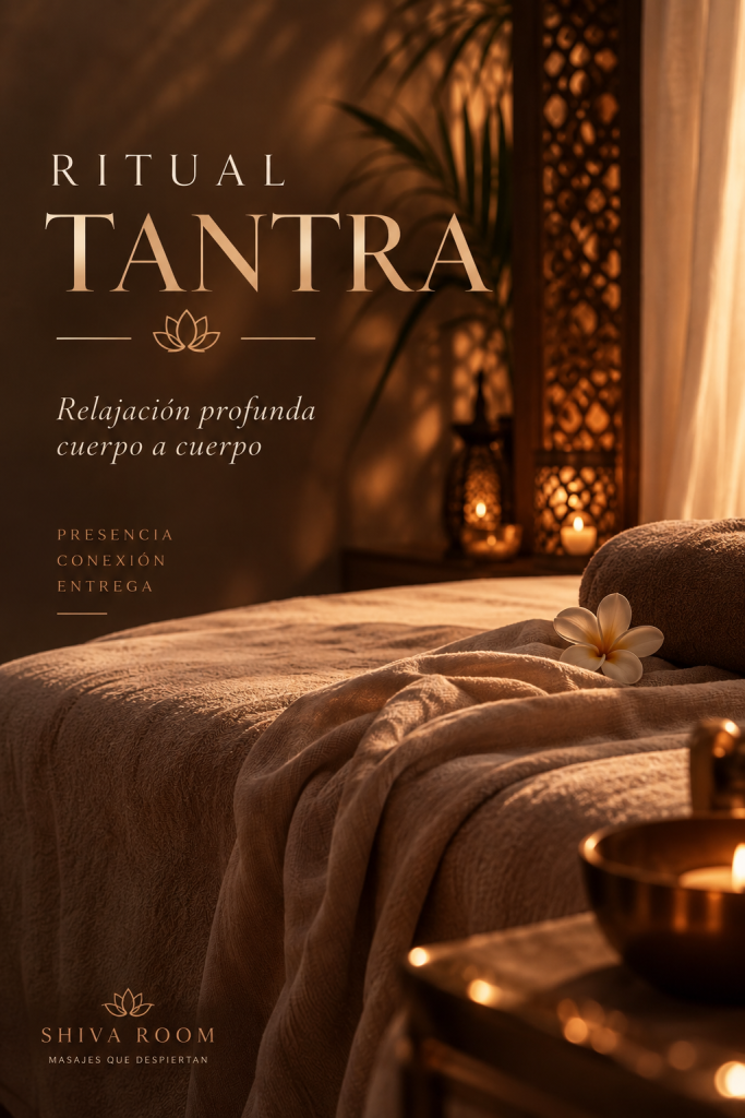 Ritual Tantra de Ángela en ambiente de masaje cálido con tonos crema, marrón y dorado