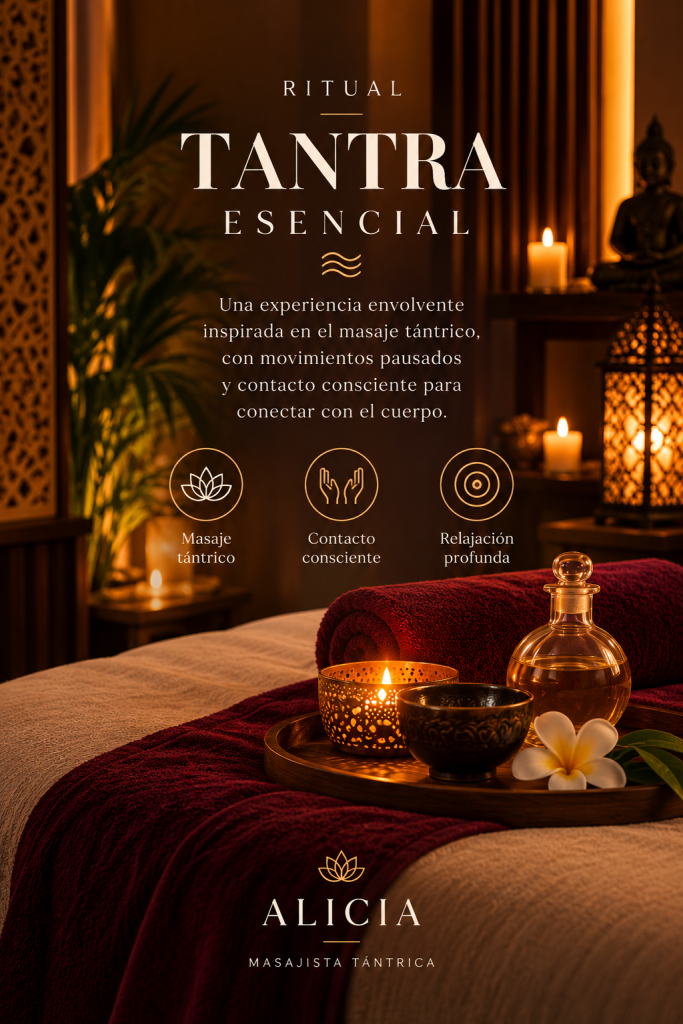 Ritual Tantra Esencial con Alicia en Shiva Room Alicante, masaje tántrico en un ambiente cálido y relajante.